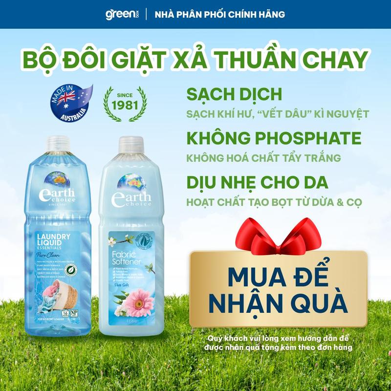 Nước giặt thuần chay nước giặt đồ lót dịu nhẹ làm sạch vết bẩn trên đồ lót quần áo và nước xả vải thuần chay giữ sợi vải mềm mại không làm bạc màu vải Earth Choice Úc, 2 chai x 1000ml