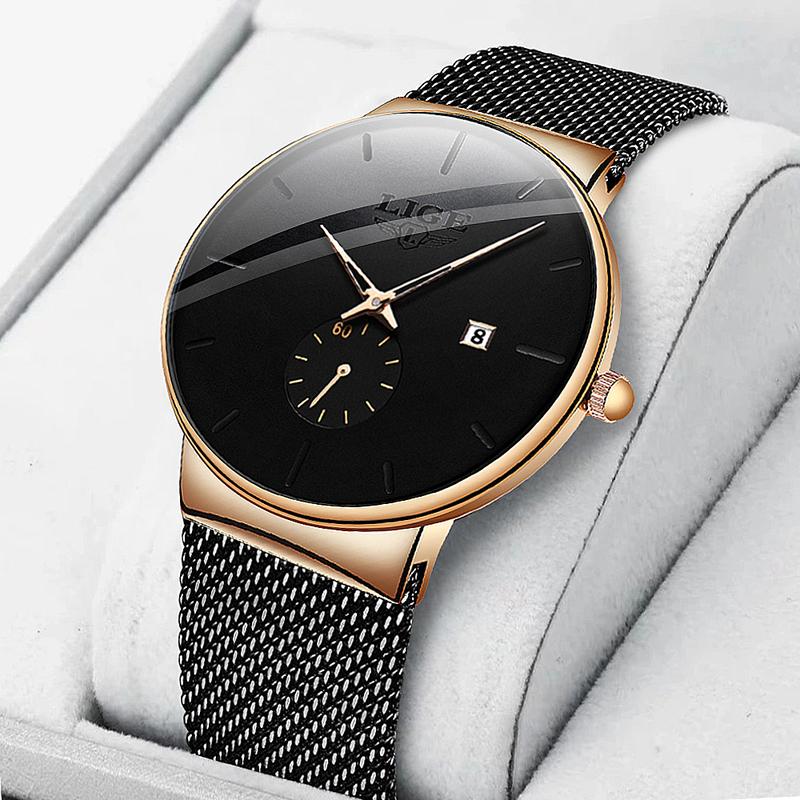 LIGE 【Thay thế miễn phí Đồng hồ thời trang dành cho nam Thép không gỉ Thạch anh tương tự phát môn thể thao Ngày Đồng hồ đeo tay đơn giản dây lưới Watch +Hộp quà tặng và khăn lau