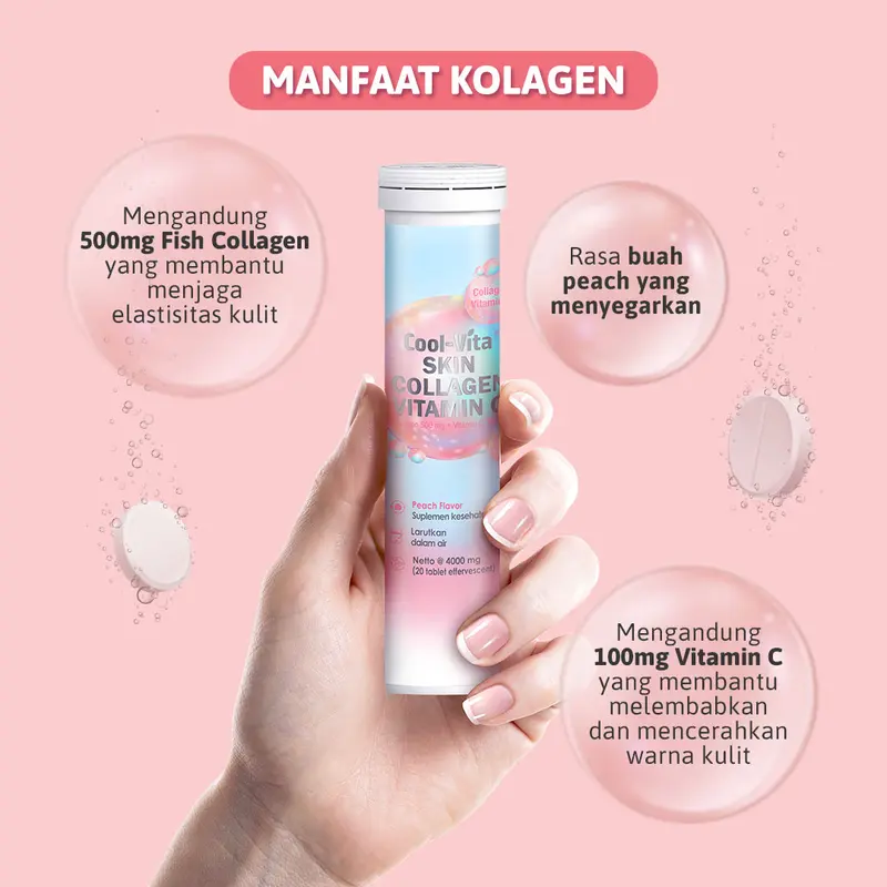 [LIVE - 60+1+1] 60 Tablet (3 Tube) Coolvita Collagen Effervescent (1 Tube @20 Tablet) + 1 Pouch Minuman Rasa Buah dan Sayuran + 1 Pouch Minuman Rasa Peach 2