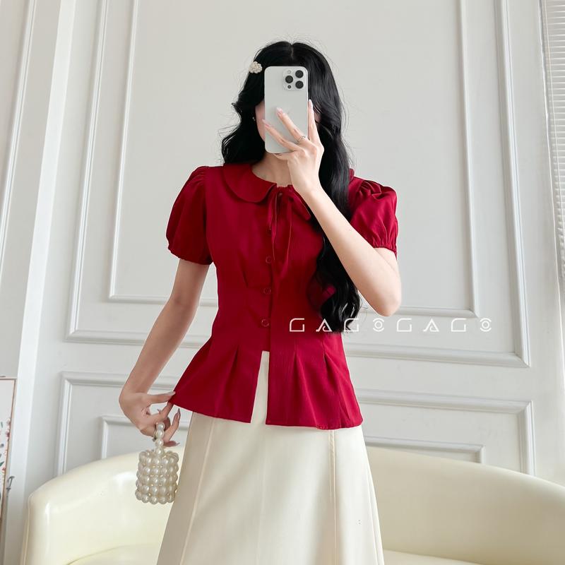 Áo Kiểu Nữ GAGO Brand Chiết Eo Tôn Dáng Có Cổ Sen Tròn Tay Phồng Màu Đen Đi Làm Tiệc Họp Mặt