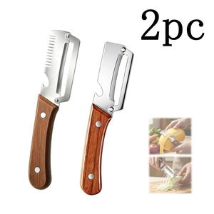 多機能キッチン野菜・果物ピーラー 2個セット、ステンレススチール製2in1ツール、滑りにくい木製ハンドル、おろし器とボトルオープナー付き