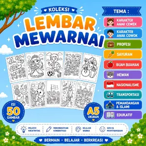 Lembar Kertas Mewarnai Anak A5 Isi 50 Lembar | Berbagai Aneka Macam Tema | Aktivitas Edukasi TK PAUD SD