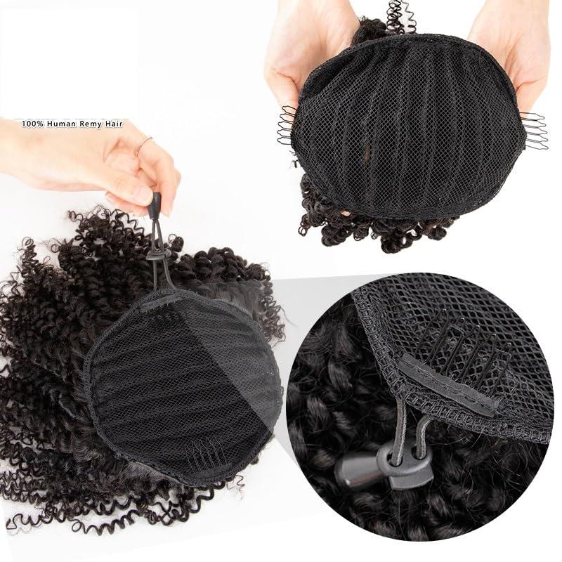 Product Introduction of 8-12 Inch Natural Color Drawstring Ponytails Remy Human Hair short Afro Puffs Hair Kinky Curly Hair Pieces Soft and Bouncy With 2 Stable Combs 8