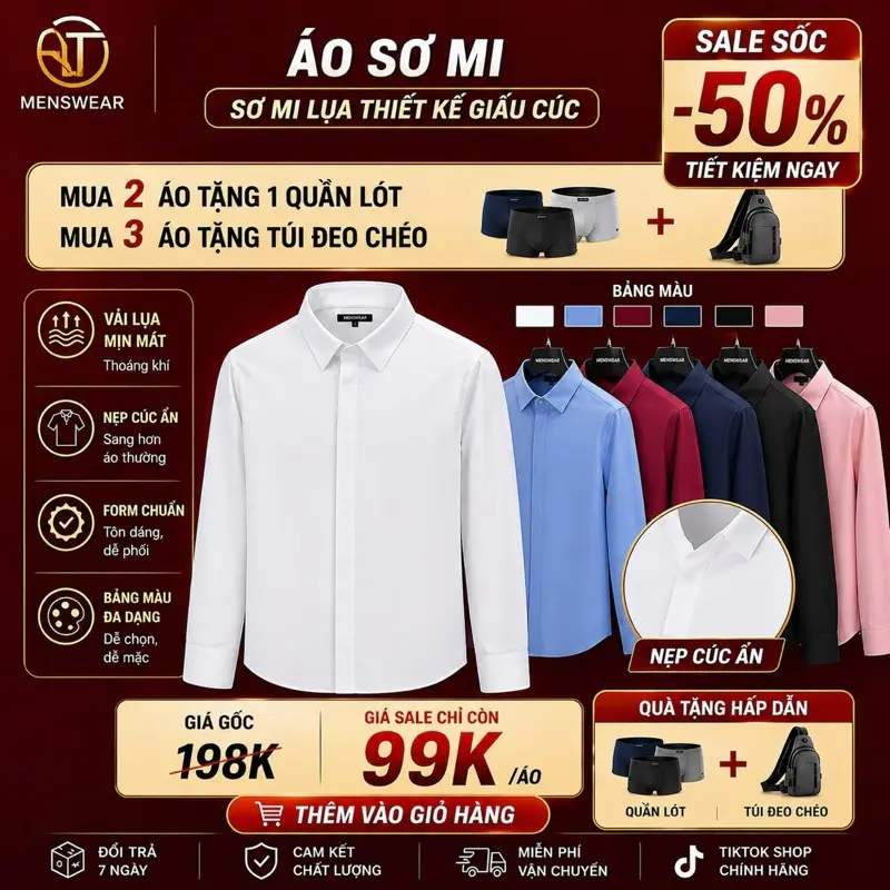 Áo sơ mi nam dài tay chất vải lụa thiết kế che cúc 12 màu thời trang nam HT Menswear Shirt Trắng [mua 2 áo tặng 1 sịp nam]