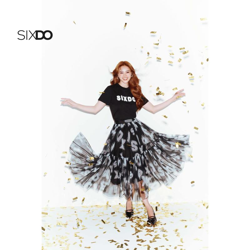   HN Chân váy lưới đen hoạ tiết chữ SIXDO  Black Mesh Flared Skirt  