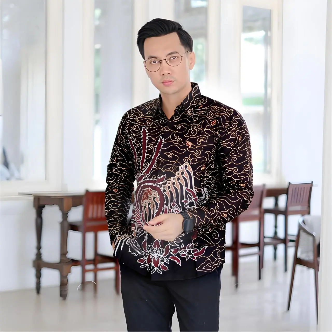 Batik Pria Lengan Panjang  motif KERATONAN Kode 002 size M L XL XXL Baju Kerja Kantor Cowok Atasan Kondangan