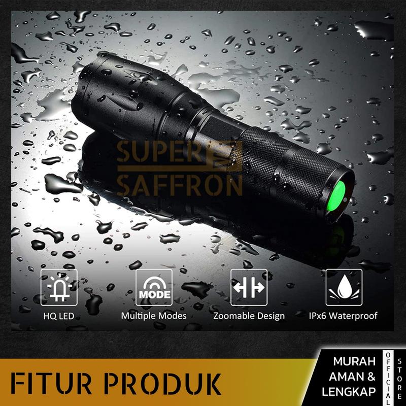 Senter Super Terang Waterproof LED Rechargeable Baterai Tactical Anti Air Lampu SWAT Zoom Murah Free Charger 2