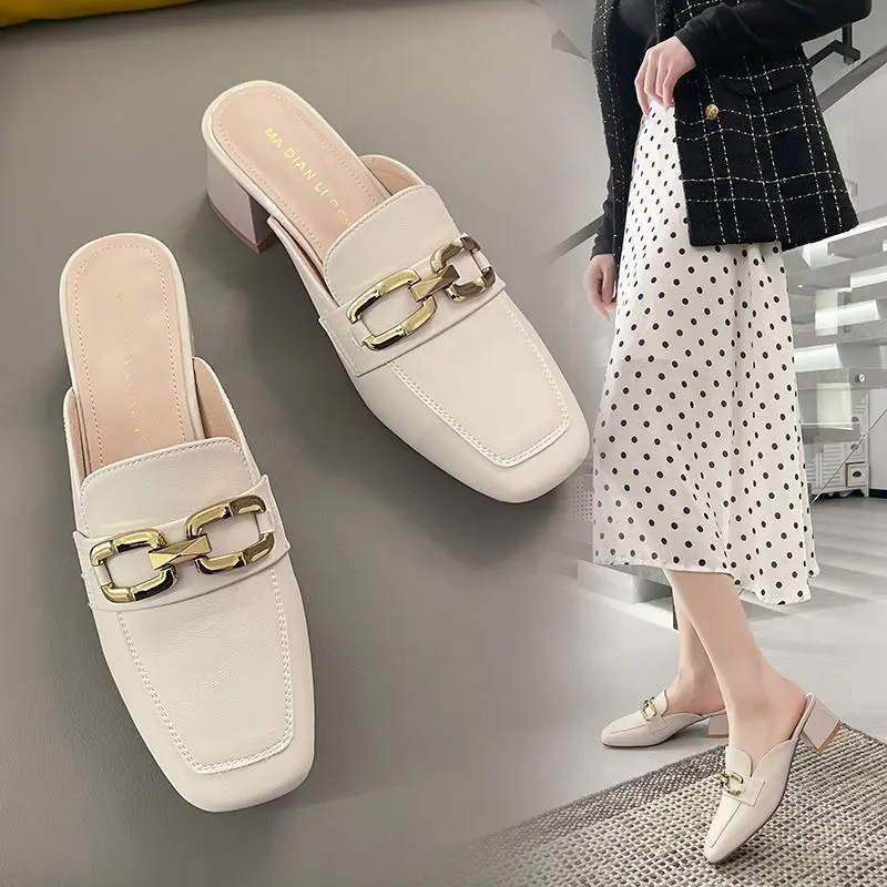 Dép Nửa Ngón Chân Túi, Phong Cách Hàn Quốc, Giày Nữ, Màu Trắng Kem, Mũi Vuông Kiểu Pháp, Giày Muller, Lười, Gót Chunky, Dép Xích Ngoài Trời 7