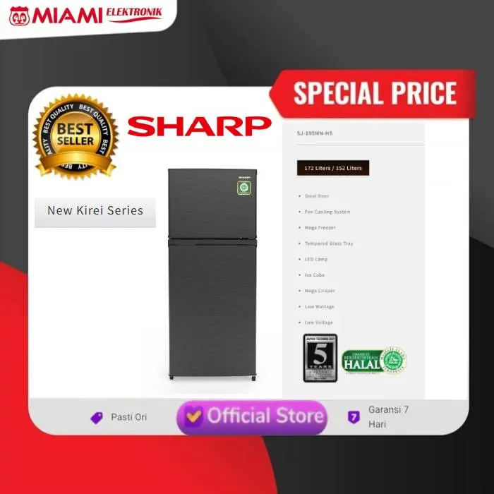 Lemari Es Sharp 2 Pintu SJ195MNHS New Kirei Series 172L