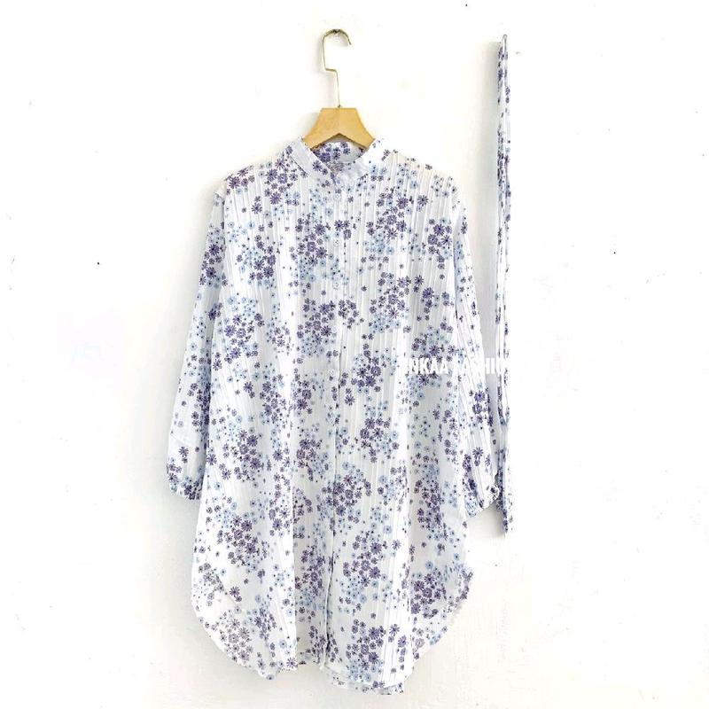 Tunik Lebaran Motif Muslim Panjang Busui ukuran Oversize Pakai Kancing Wanita Dress Etnik Bunga 5