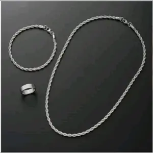 (Bonus Cincin Polos Silver) Set Kalung dan Gelang Titanium Model Tambang Silver Anti Karat Anti Luntur untuk Pria & Wanita Elegan