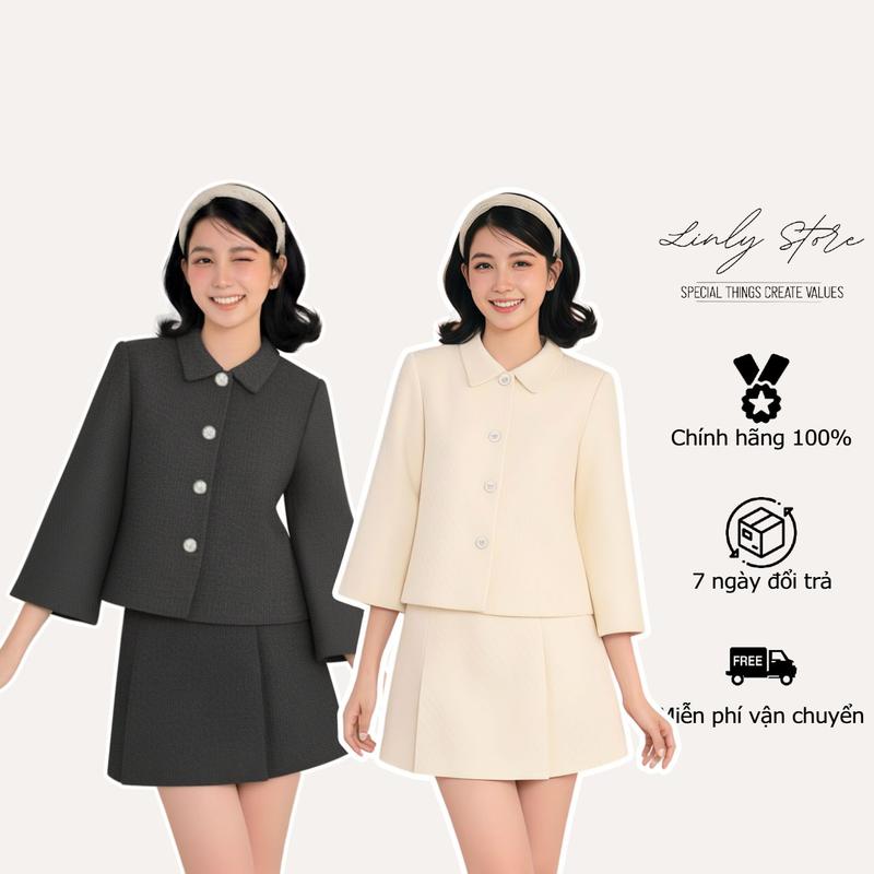  Set áo khoác dạ tweed cổ sơ mi dáng xòe tay lỡ đính cúc và chân váy xếp ly to tiểu thư Linly Store 
