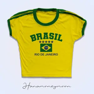 Hanamoneymoon Baby Tee Brasil - Baju Crop Top Cewek Y2K Vintage Knit Rib Kaos Katun Lembut Strech Muda Motif Brazil Stylish All Size Fit up to 50kg