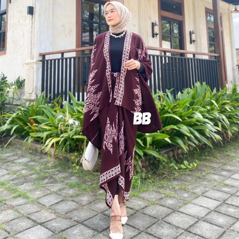 OUTFIT KONDANGAN SIMPEL ONE SET BATIK OUTER ROK LILIT KIMONO WANITA RAYON GLOYOR MOTIF ETNIQ OVERSIZE MODERN Muslim Setelan Simple 5