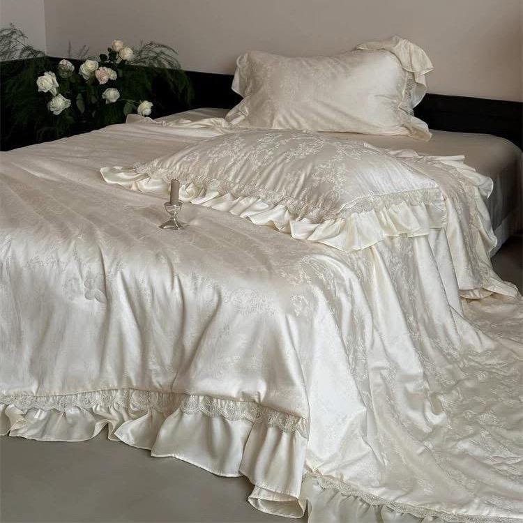 Bộ chăn ga gối tencel chăn hè chần sẵn Vân gấm phong cách nước pháp