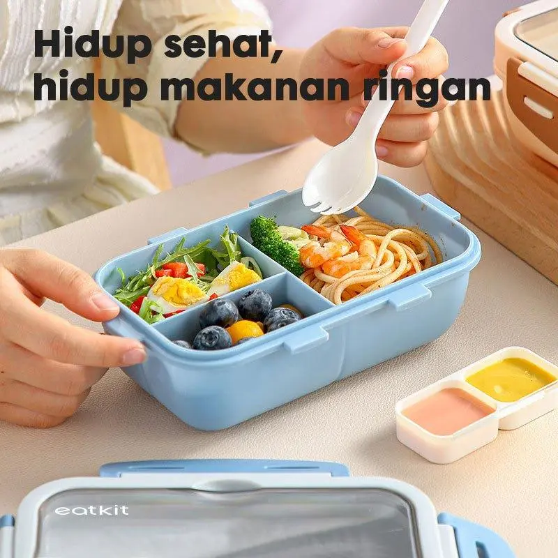 eatkit 3 in 1 Kotak Makan Set 840ml Desain Kompartemen Lunch Box Microwave Gratis Alat Makan Box Saus Kitchenware 3