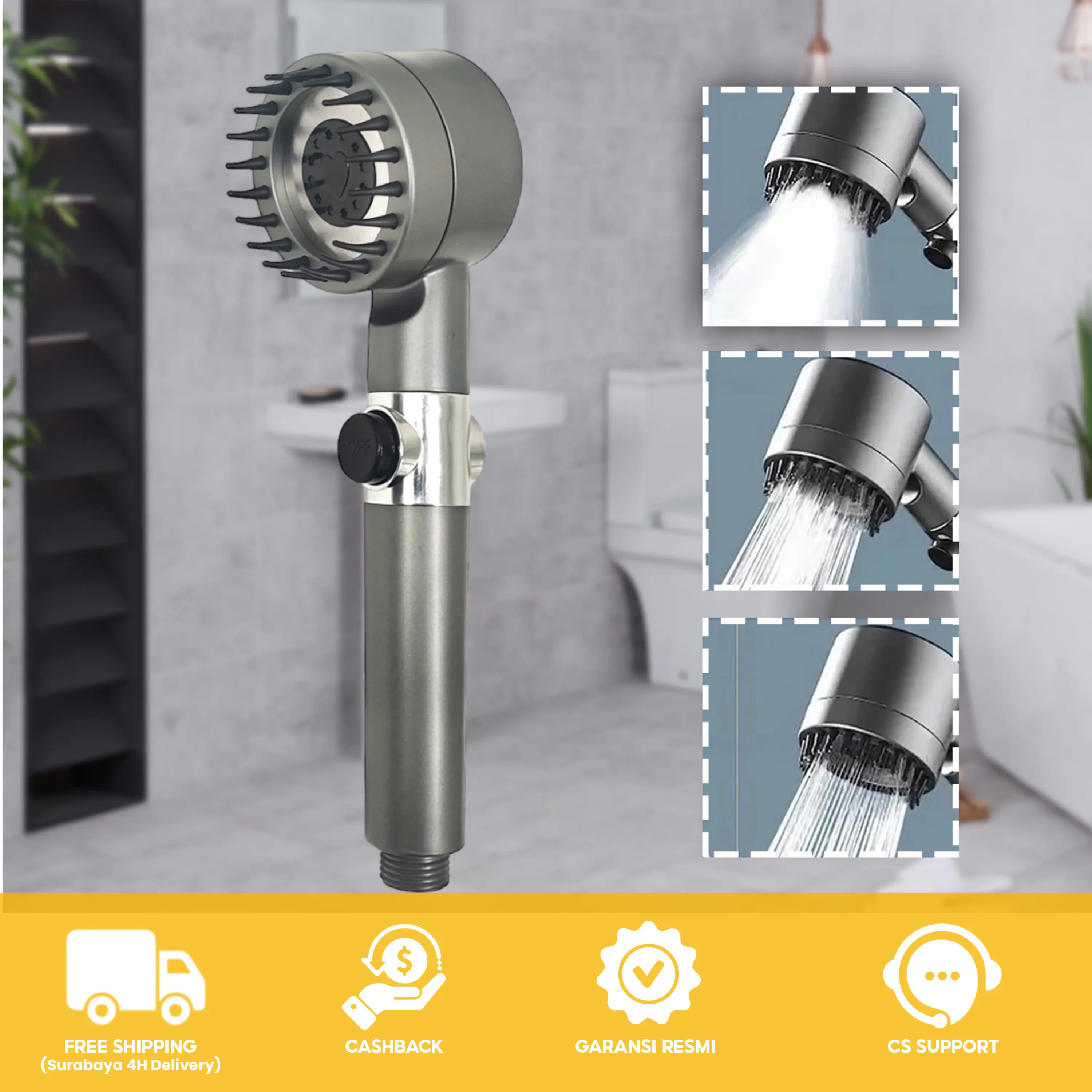 Kepala Shower Hand Shower ABS HS-276+HS-277 dengan 3 Mode Hujan Kabut & Kabut Gagang Lepas Pasang Diameter 7,5cm Panjang 25cm Tanpa Selang Hitam Doff Air Kran Shower