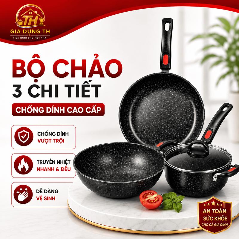 Bộ Nồi Chảo 3 Chi Tiết Vân Đá Cremic Màu Đen Đế Từ Siêu Dày Chống Dính Chất…