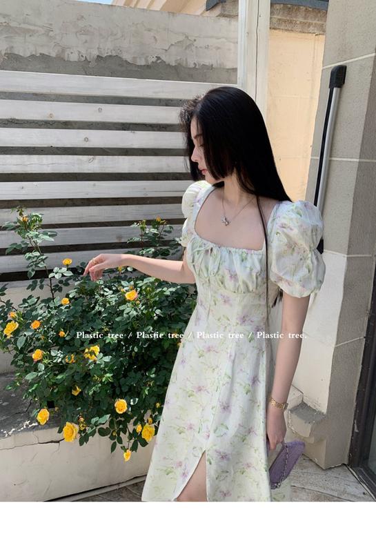 Product Introduction of phụ nữ ăn mặcĐầm Voan Pháp, In Hoa Mùa Hè, Cạp Cao Xẻ Tà, Hàng Mới Về Cho Nữ, Bó Sát Eo, Cổ Vuông, Tay bồng Hoa, Đầm Midi Dress Women 28
