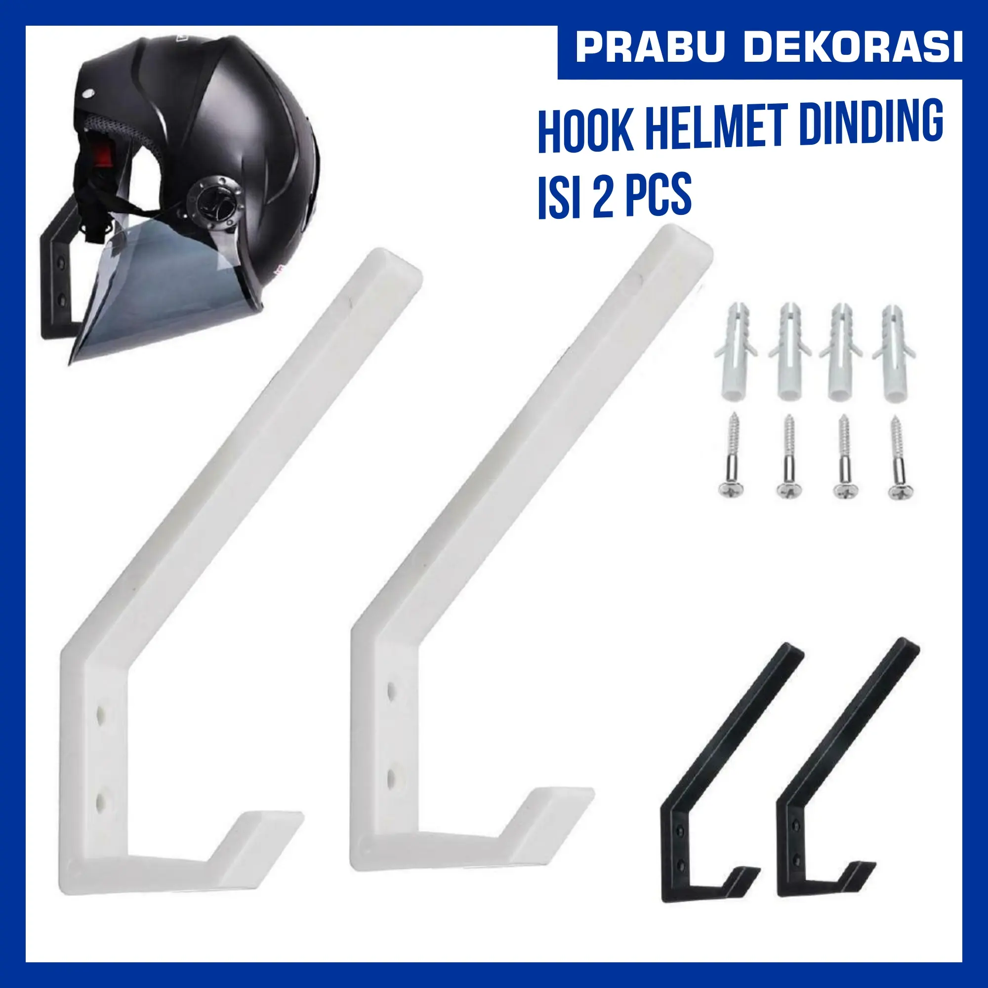 PRABU DEKORASI Hook Besi Helmet Gantung Tempel Dinding isi 2pcs Termurah | Gantungan Dinding Dapat 2 Pcs | Gantungan Helm Motor All Type 2pcs Hitam Putih | Gantungan Tas Kunci Topi Jaket Dinding Dapat 2 Pcs Hemat Ruangan