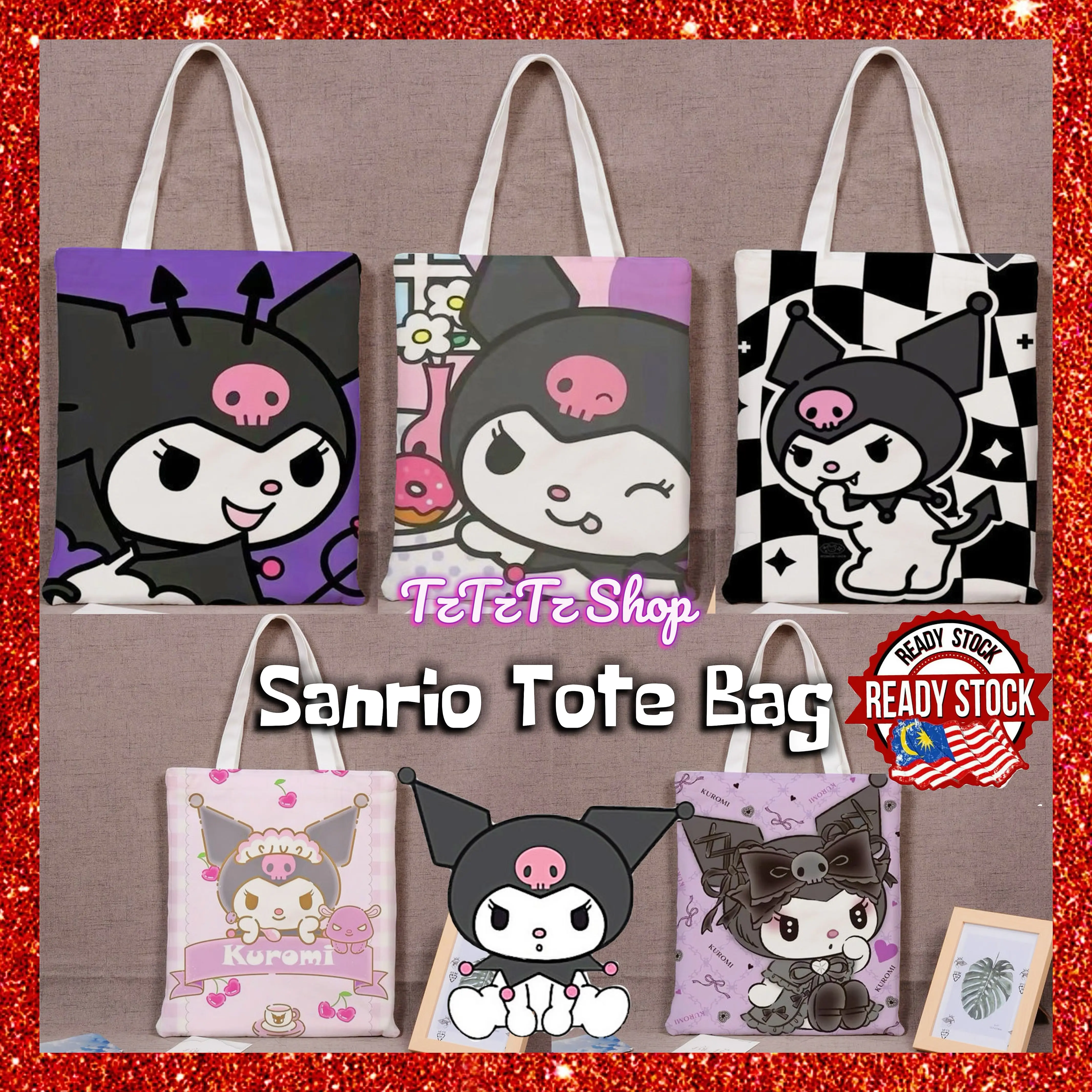 Ready Stocks Zip Tote Bag Sanrio Kuromi Cinnamoroll Melody Loopy CapyBara Canvas Shoulder beg kids Student Bag Sekolah School Tuition