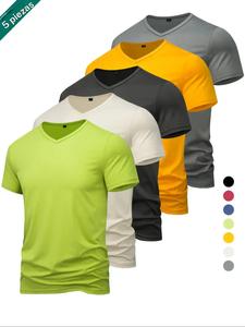 Camiseta deportiva para hombre de color sólido con cuello en V, transpirable y absorbente de sudor, top deportivo cómodo y casual para gimnasio, correr y entrenamiento