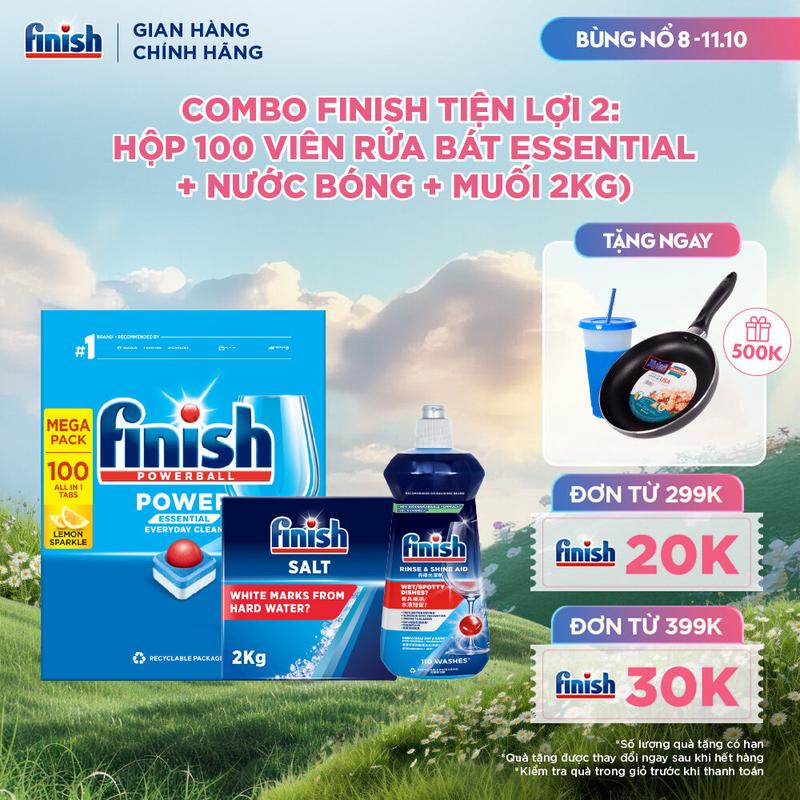 Combo Finish tiện lợi 2: Hộp 100 Viên Rửa Bát Essential + Nước Làm Bóng Finish 500ml + Muối Rửa Chén Finish Salt túi 2kg