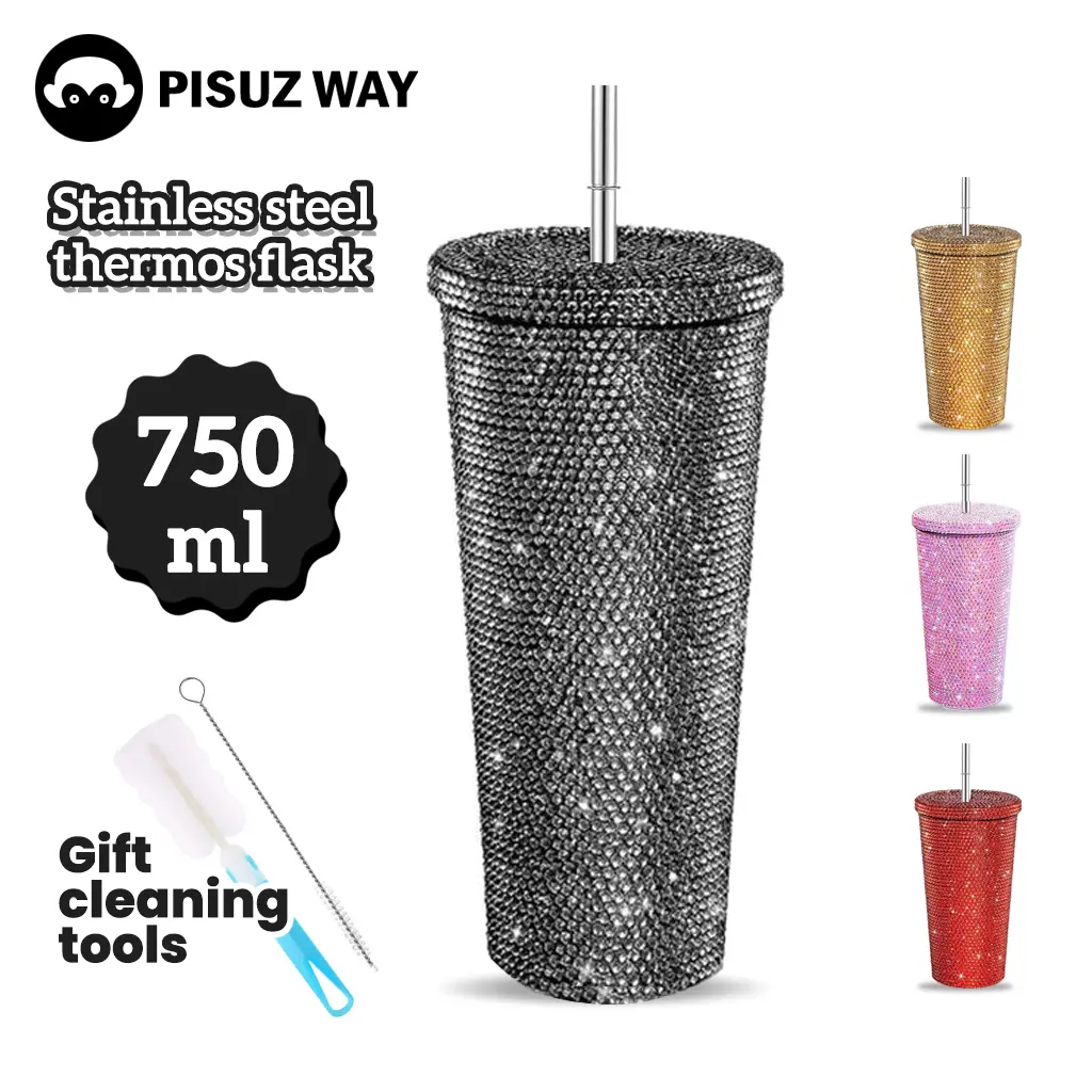 [Pisuz Way]Diamond Water Straw Bottle Sealing Stainless Steel Sweet Beverage Rhinestones Drinking Water Cup 750ML