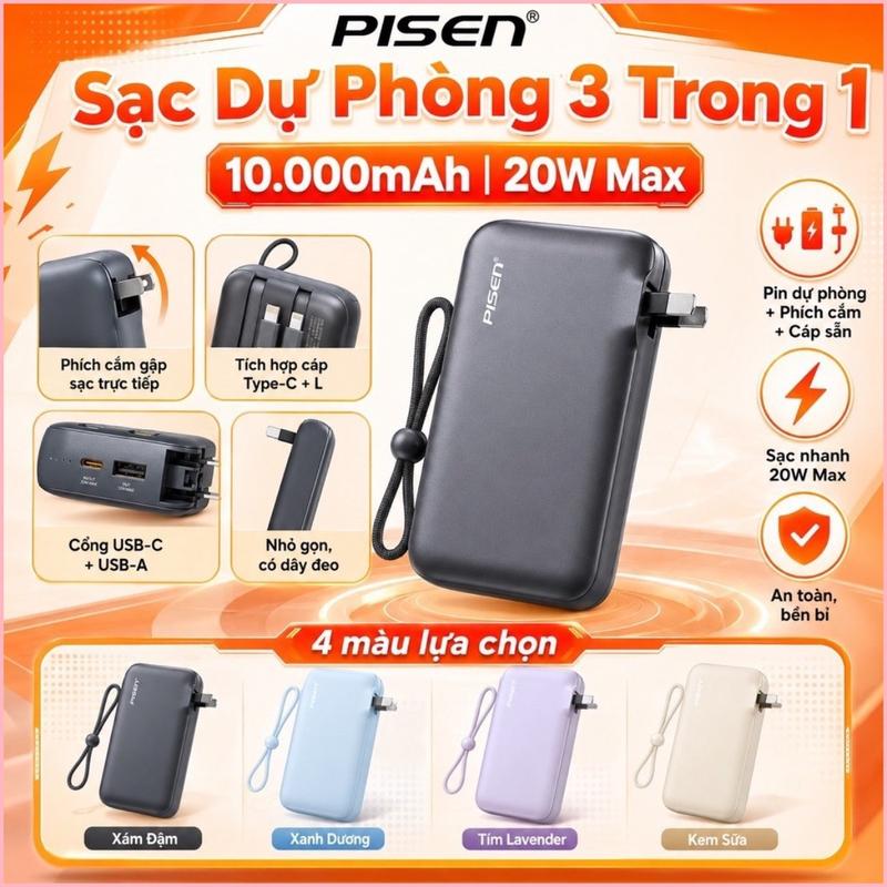 SẠC DỰ PHÒNG PISEN 3 TRONG 1 10000mAh 20W TÍCH HỢP PHÍCH CẮM, CÁP TYPE-C + L
