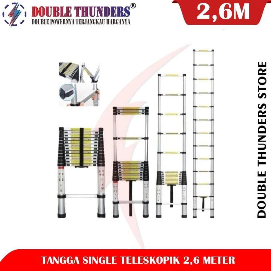 Double Thunders Tangga Lipat Aluminium Teleskopik Single Ladder Telescopic Tangga Teleskopik 2 Meter Sampai 8 Meter - Varian Ukuran 2m. 3m. 4m. 5m 6m. 7m. 8m