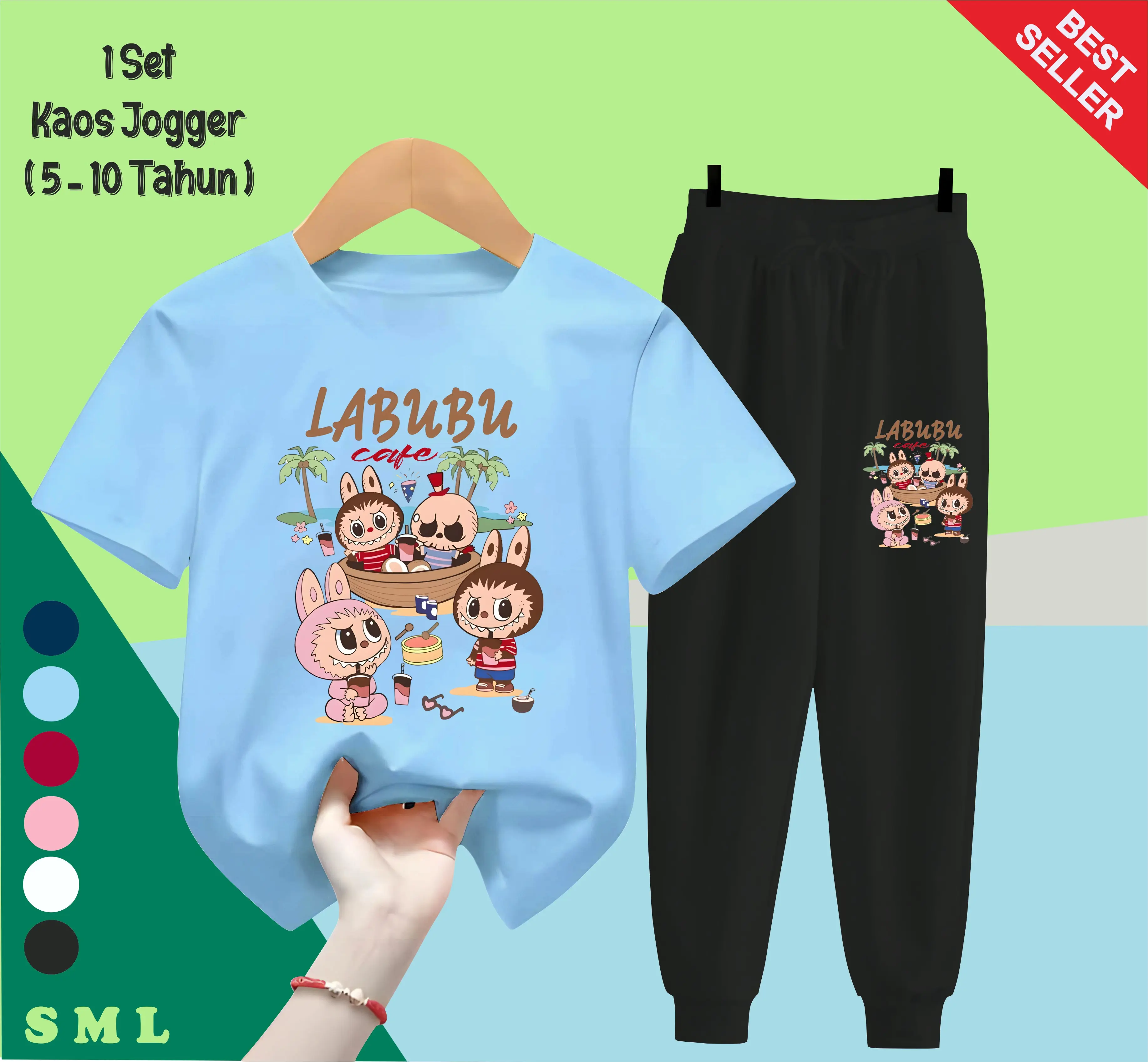 Setelan Kaos Celana Panjang Anak Laki Laki Stelan Set Baju Fashion Anak Perempuan Labubu Cafe Usia 5 -15 Tahun