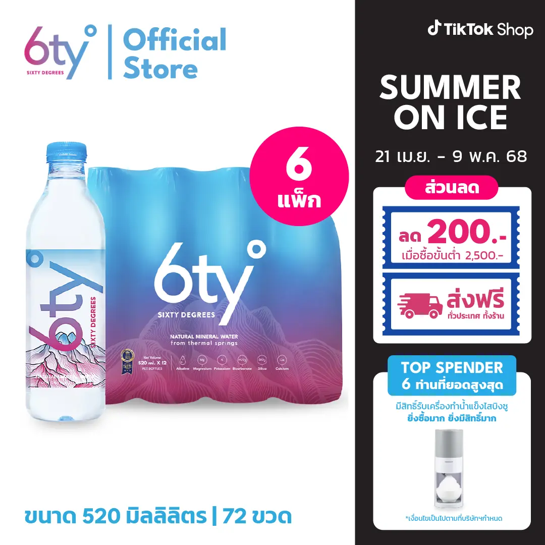 [ส่งฟรีทั่วไทย] 520ml 6 แพ็ก 72 ขวด นํ้าแร่ 6ty Degrees Mineral Water จากแหล่งน้ำพุร้อนบริสุทธิ์