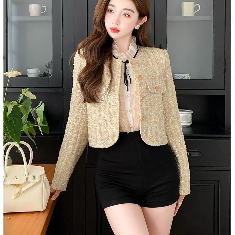 Áo khoác dạ bling Vàng dáng ngắn trần phao phong cách tiểu thư xinh xắn khoác thu đông Top Nữ