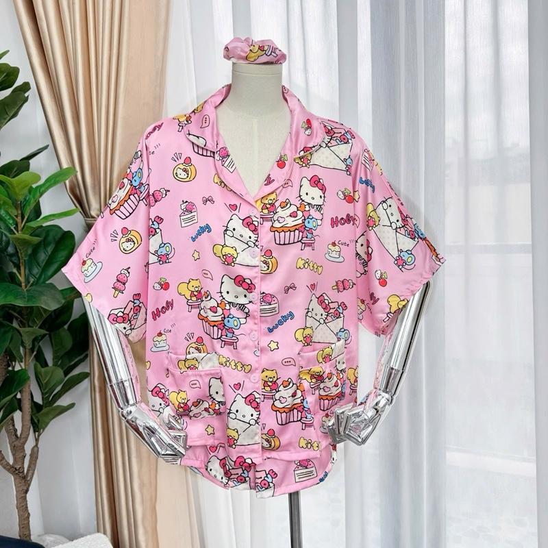 HL17 (4 SIZE 40-95kg) BỘ ĐỒ PIJAMA ÁO CÁNH DƠI QUẦN ĐÙI CỔ BẺ-Form rộng - CÓ KÈM CỘT TÓC - Nữ