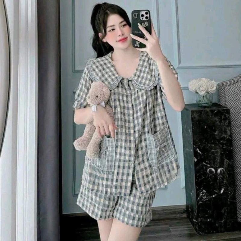Set Đồ ngủ, bộ mặc nhà pyjama Nữ Đùi cộc cổ sen bèo chất vải đũi vân Mây mềm nhẹ