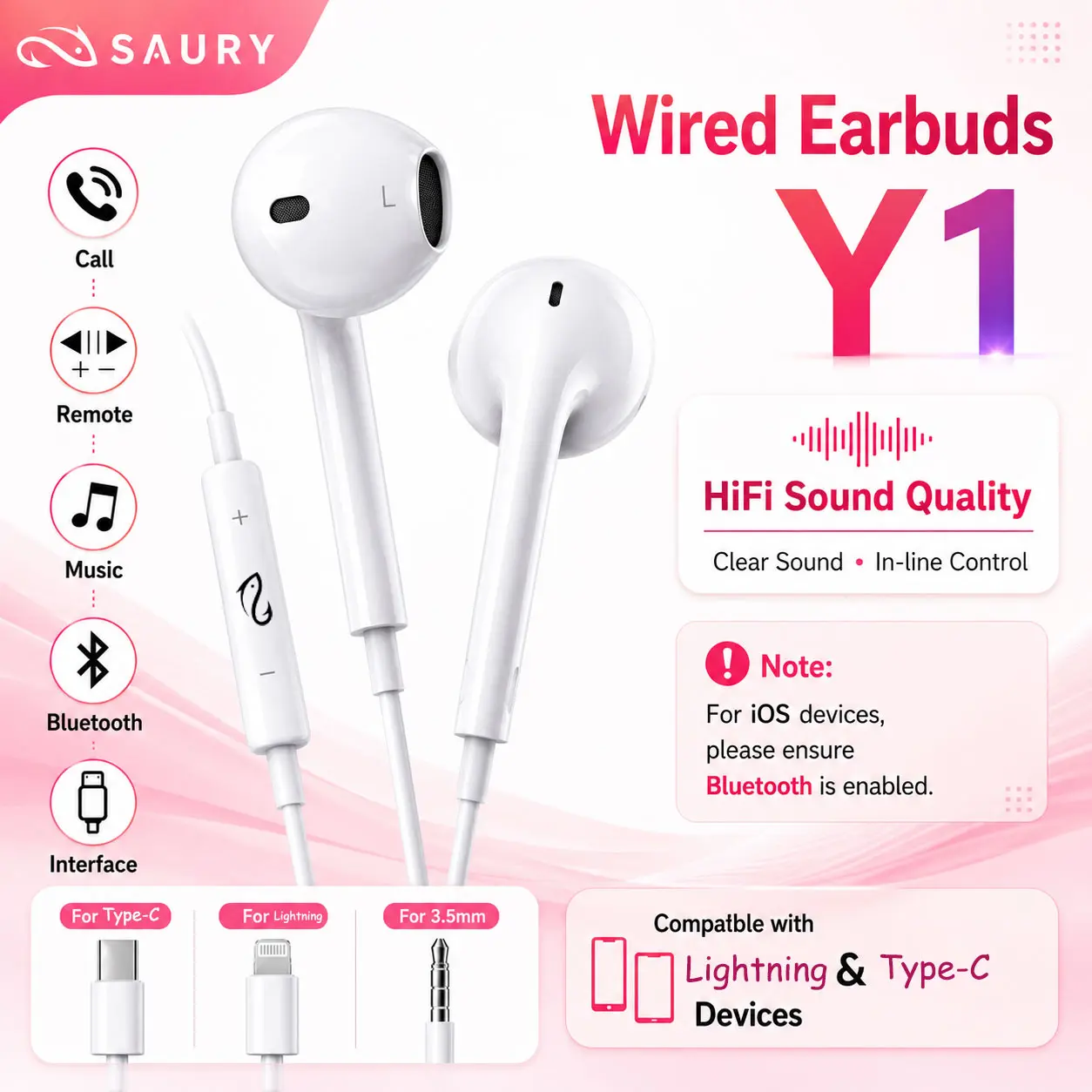 SAURY Y1 Tai Nghe Có Dây Có Mic Điều Khiển Dây HiFi Tương Thích iPhone & Android