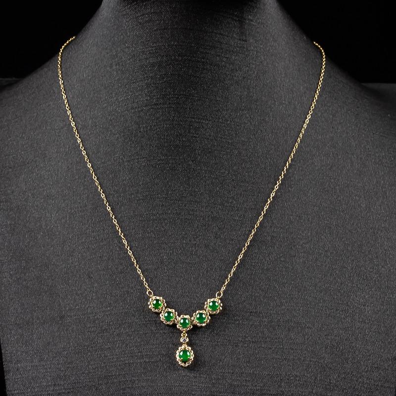 Natural Jade Grade A Water Moisturizing Spicy Green Egg Noodles Set with 925 Silver Necklace and 18k Gold 6