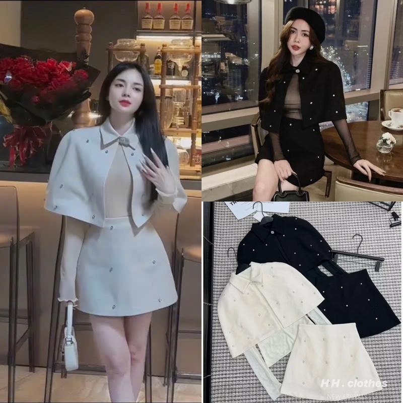    Sẵn Hàng Đi Luôn - Tặng Áo Trong  Set Dạ Tuyp Đính Đá Nổi Tiểu Thư Màu Kem Đen Đỏ 3 Size SML Sang Chảnh by HP 