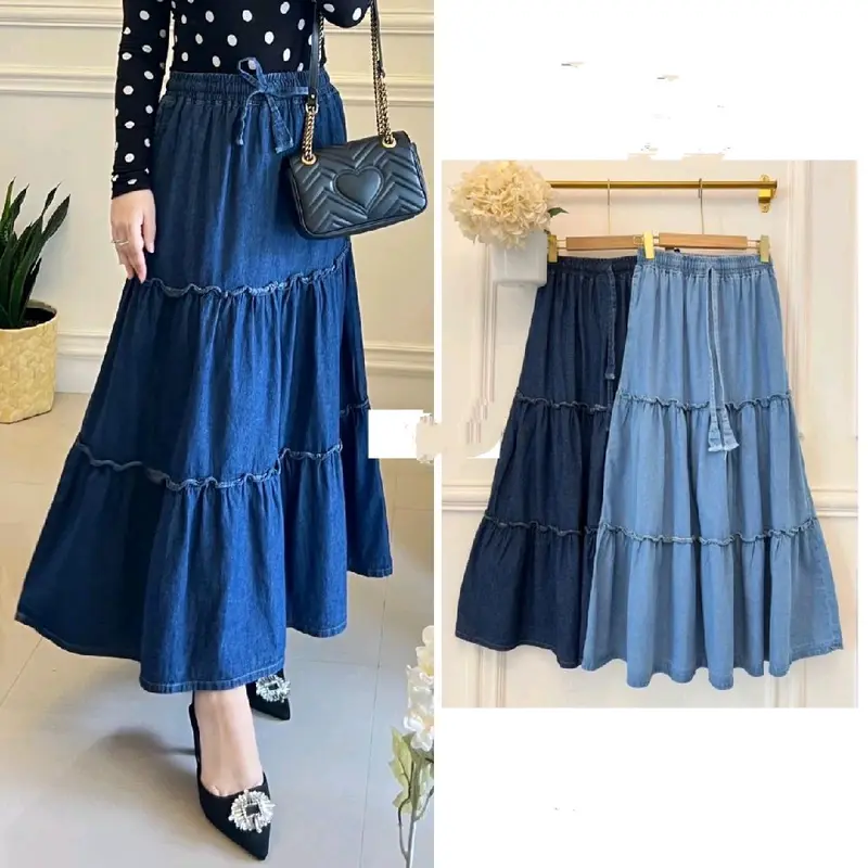 Ara Jeans Skirt Rok Susun Rempel Jeans Premium Korean Style/Jeans Ruffle Skirt 0