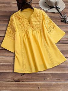 Blusa de mujer de talla grande con patchwork de encaje, blusa casual de moda, elegante top de manga larga, ropa para primavera y otoño, ajuste cómodo