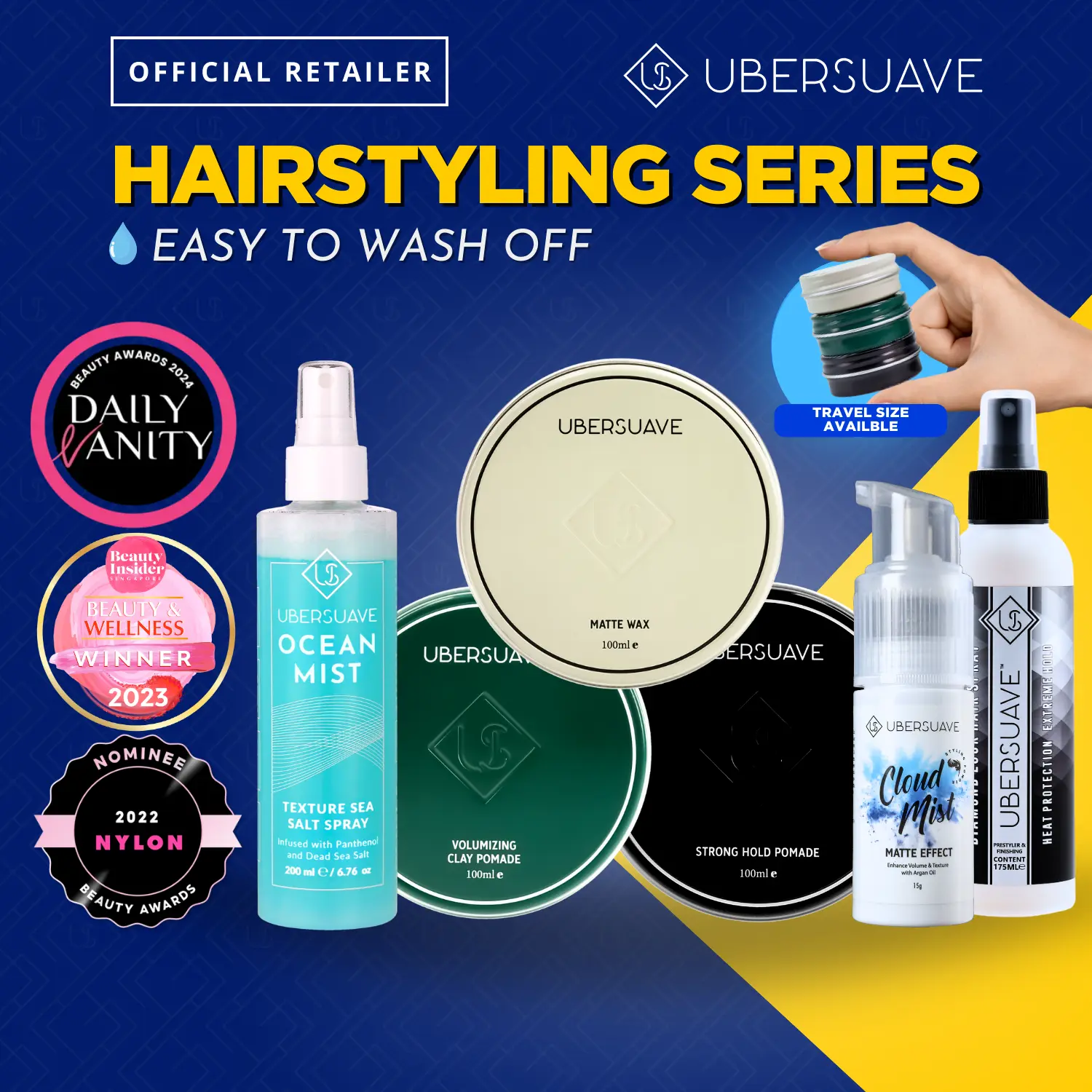 Ubersuave Hair Styling Series - Matte Wax, Stronghold Pomade, Volumizing Clay Pomade, Hair Styling Sea Salt Spray, Hair Styling Powder Haircare