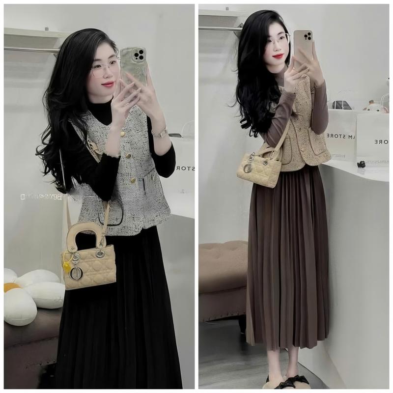 Set Đầm Bầu Thu Đông Gồm Áo GiLe Dạ Mix Túi Trẻ Trung Và Váy Thun Tăm Xếp Li Co Giãn size 45-72kg