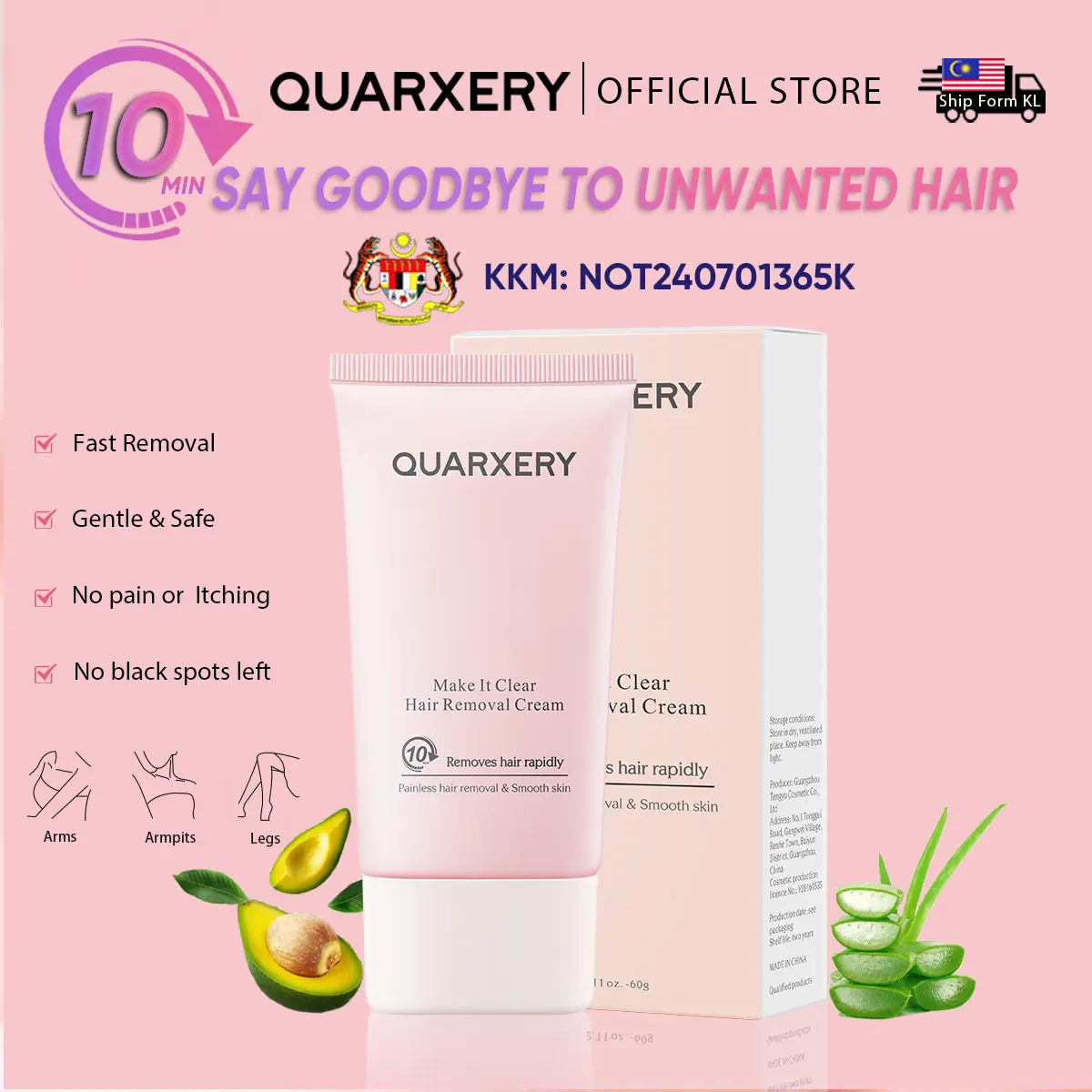 QUARXERY Pure and Gentle Hair Removal Cream-60g  Body Care Wax Plant Aloe Avocado Wipe Comfort Cosmetic
