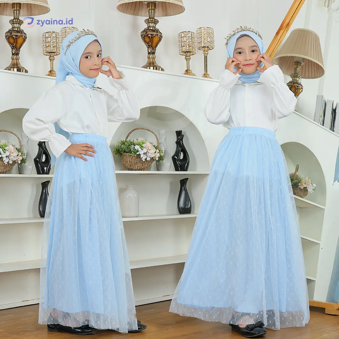Rok Tutu Anak Perempuan Panjang 2 Lapis Polkadot Pinggang Full Karet Premium Fashion Muslim - Rok Anak SD