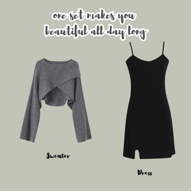 One Set OOTD Wanita Kekinian Sweater Rajut Crop Silang + Dress Rayon Pendek Tali Kecil 058A 3
