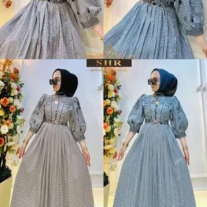 SHR Gamis Kotak Kotak Katun Silang Dada by SHR Muslim Wanita Dress dengan Bordir Elegan untuk Acara Formal