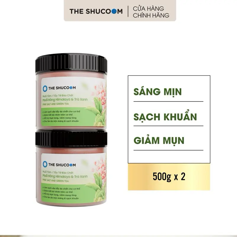 [ Combo 2 x 500G ] Muối Hồng Trà Xanh - Muối Tắm Tẩy Da Chết Muối Hồng Himalaya Trà Xanh Thái Nguyên Hỗ Trợ Mụn Lưng, Viêm Nang Lông, Hỗ Trợ Làm Sạch Sát Khuẩn Da