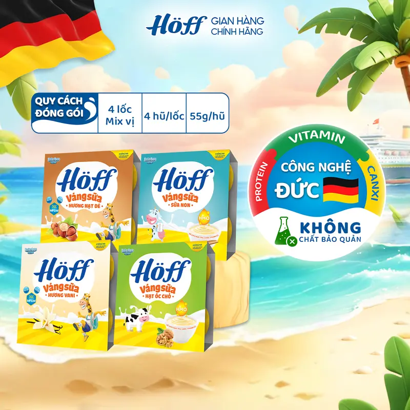 Váng sữa Hoff cho bé ăn dặm mix vị bổ sung dinh dưỡng canxi HMO MFGM DHA vitamin D3 khoáng chất hỗ trợ phát triển trí não hỗ trợ tăng cường miễn dịch 4 lốc (16 hộp x 55g) 0