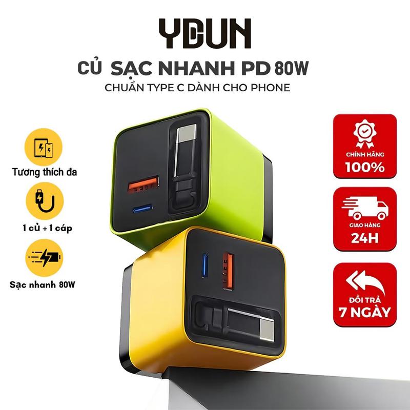 Củ sạc nhanh, PD80W, Cổng kép USB + Type C, Bộ sạc điện thoại, với Cáp dữ liệu Type C Có Thể Thu Vào 80cm, Bộ sạc tường, Thích hợp cho pin,