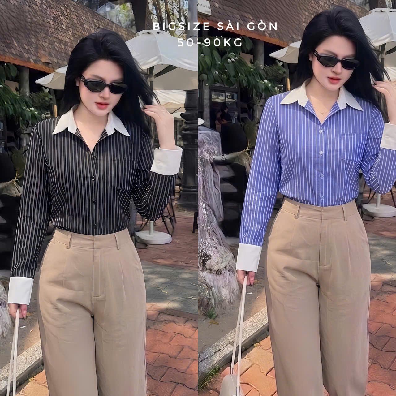 Áo Sơ Mi Kẻ Sọc Phối Cổ Trắng Cao Cấp Thanh Lịch Bigsize Cho Nàng 50- 90 Kg Dễ Thương Nữ Women Top - B.1749
